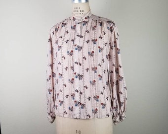 60s silk blouse, banded collar, collarless, floral stripe, large, light tan