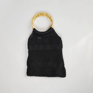 60s 70s crocheted handbag with round bamboo handle black