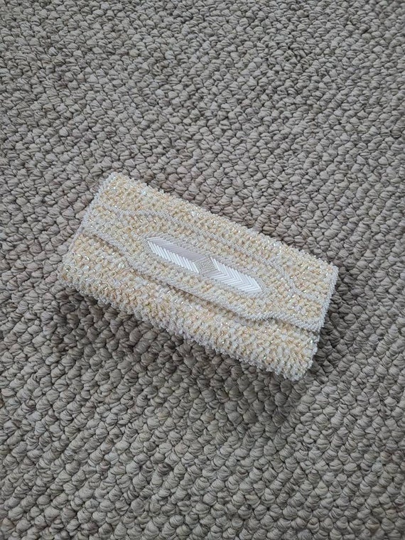 50s clutch, beaded handbag,  white and ivory