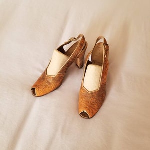 30s-40s heels, sandals, peep toe pumps, snakeskin, caramel, 7.5, Andrew Geller