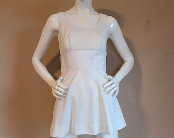 60s gogo sizzler dress, bloomers, off white dress, sleeveless, short knit dress, small, teen, mini dress, two piece dress and trunks