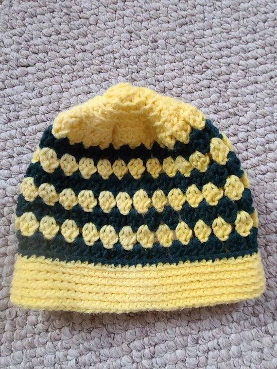 Beanie, vintage, handmade, hand crocheted, yellow… - image 2