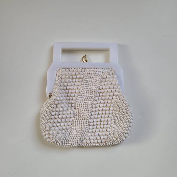 60s 70s beaded bag, white