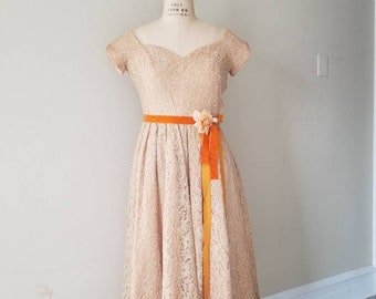 40s-50s dress,  peach, beige, tan lace, orange velvet belt and silk flower, Carlye, 38b 26w