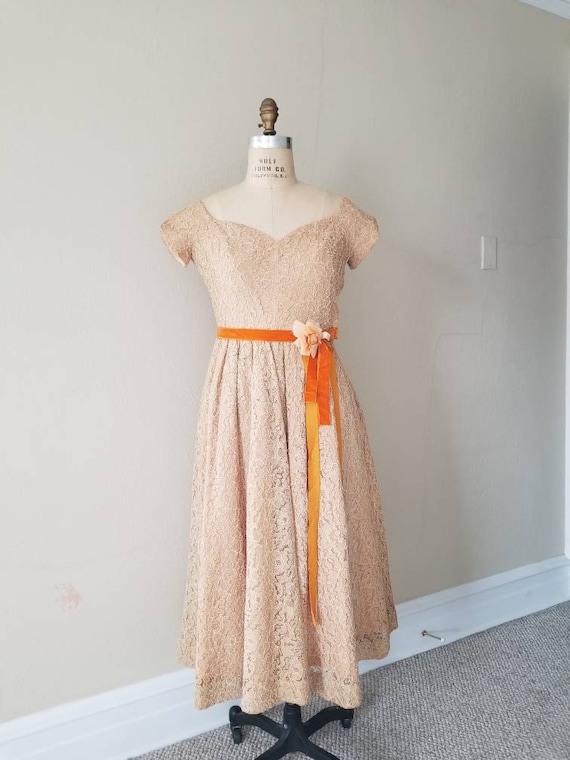40s-50s dress,  peach, beige, tan lace, orange ve… - image 1