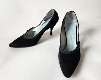 50s 5 black stilettos, 50s pumps, leather suede, black pumps, Troylings, side bow, 3 1/4" heel