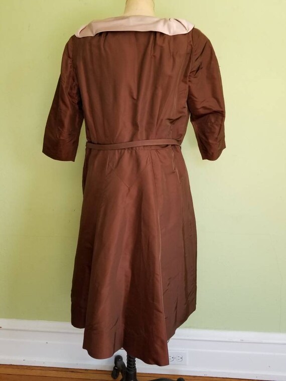 XXL 50s-60s dress, brown silk satin, 46 - image 6