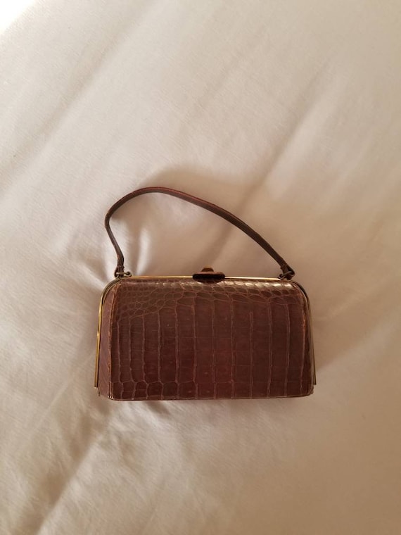 30s 40s brown handbag, alligator skin, top handle