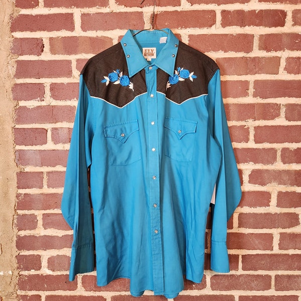 90s mens western style shirt,  pearl snaps, 16x34, large, aqua and black, embroidered flowers, Ely Cattleman