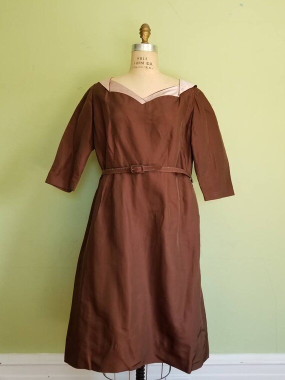 XXL 50s-60s dress, brown silk satin, 46 - image 7