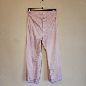 40s 50s pajama pants, cotton, pajama bottoms, pajamas, tan with plaid cuffs