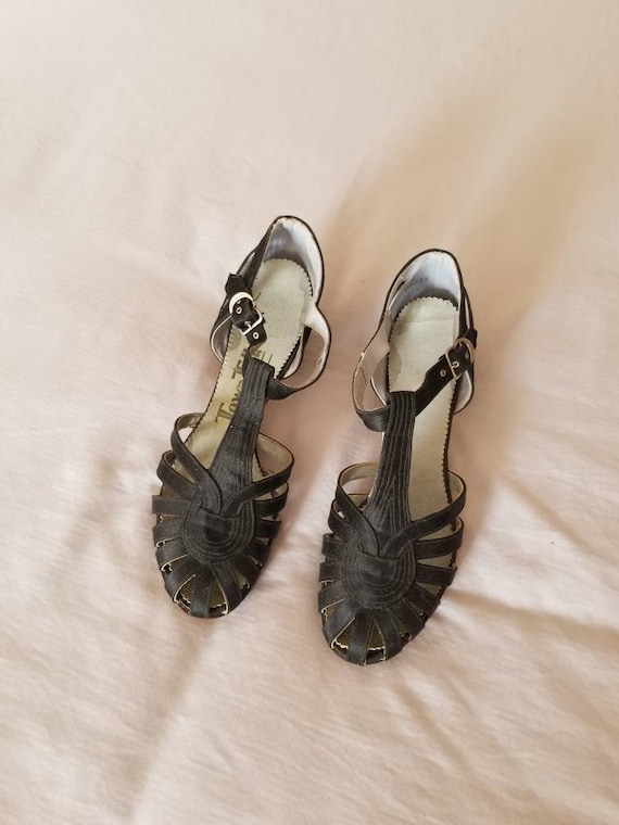 NEW 30s heels, black satin, sandals, small 5 or 6