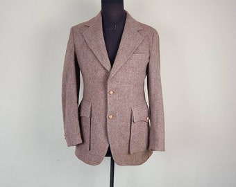 70s tweed blazer, mens 38, leather buttons, herringbone tweed, suede elbow patches