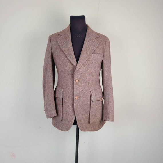 70s tweed blazer, mens 38, leather buttons, herrin
