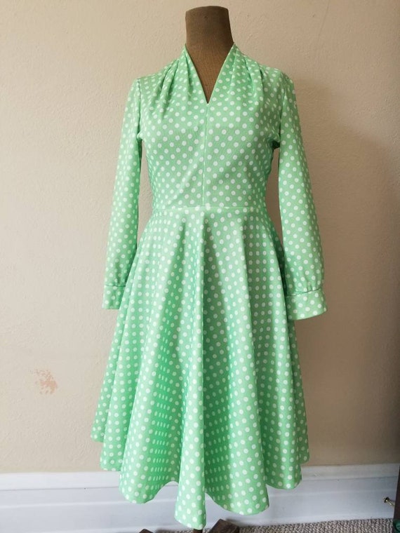 50s polkadot vintage dress, handmade, light green… - image 2