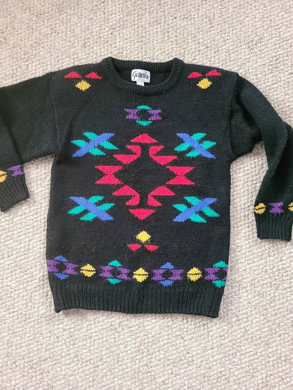 80s sweater, small, Genesis, shoulder pads, Aztec… - image 2