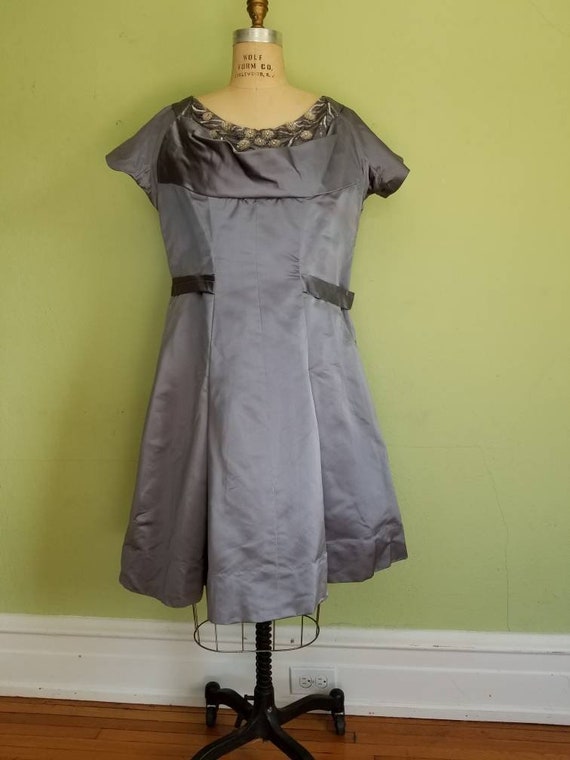 XXL 50s-60s steel grey dress, high society,  beade