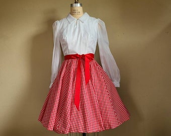 Vintage squaredancing dress, red white check white lace blouse with sheer sleeves