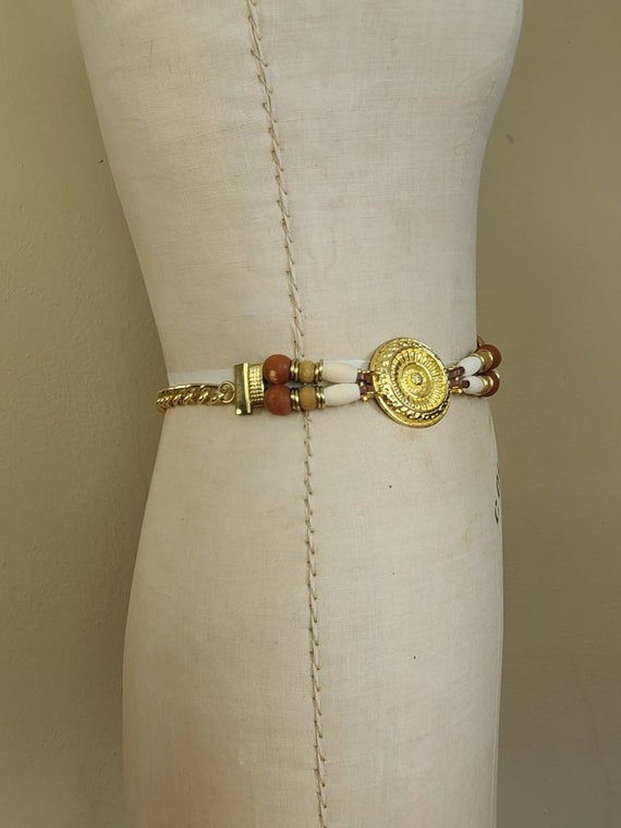 80s metal belt with wooden beads, chain belt, gol… - image 3