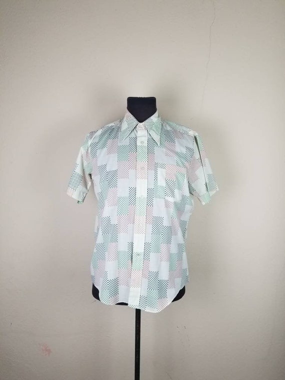 70s shirt, mens short sleeved, mint green polkadot