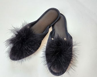 Marabou slippers, new, deadstock, 6 1/2-7 1/2, vintage, black with feathers