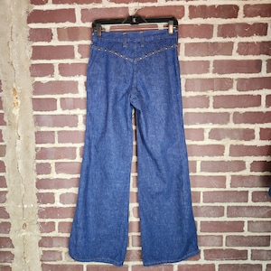 70s deadstock jeans, bellbottoms, vintage jeans, dark wash, 28x30, new old stock, 70s jeans, Wrangler, pocketless rear, studs