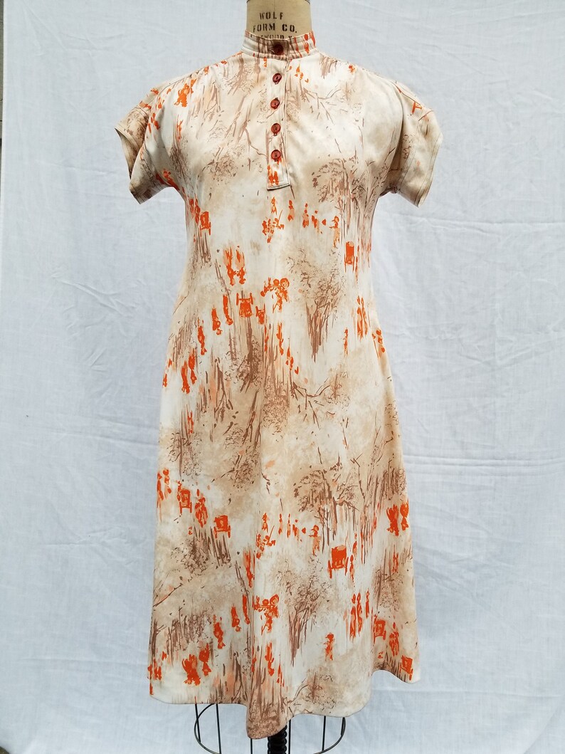 floral handmade 38 mandarin polyester Vintage 70s dress asian style