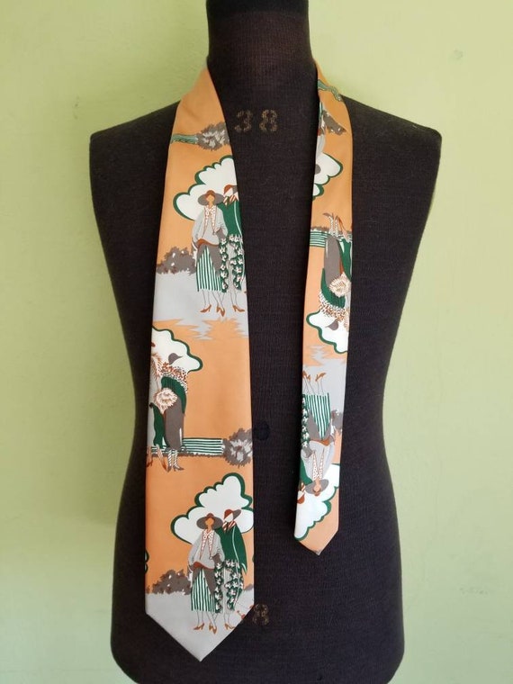 70s Vintage tie, 20s ladies, peach, gray, green, R