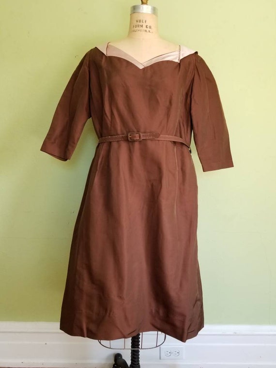 XXL 50s-60s dress, brown silk satin, 46 - image 1