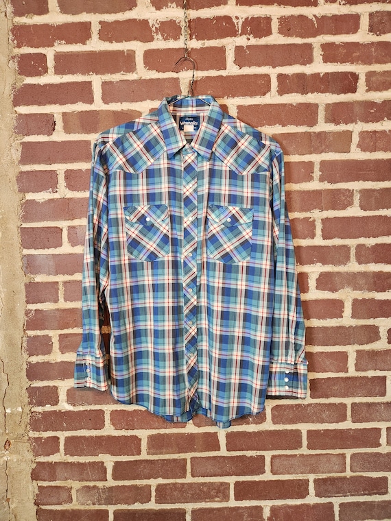 80s mens western style shirt, pearl snaps, Wrangle