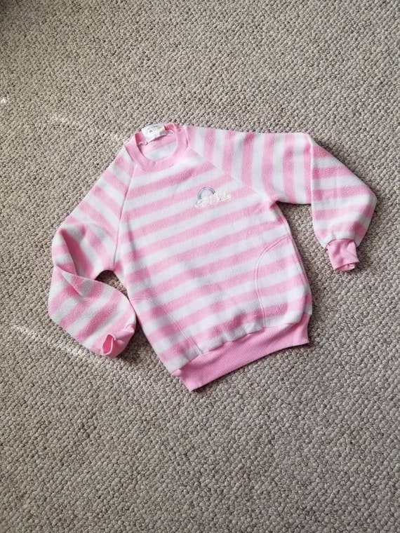 80s girls sweatshirt, pink white striped, has pock