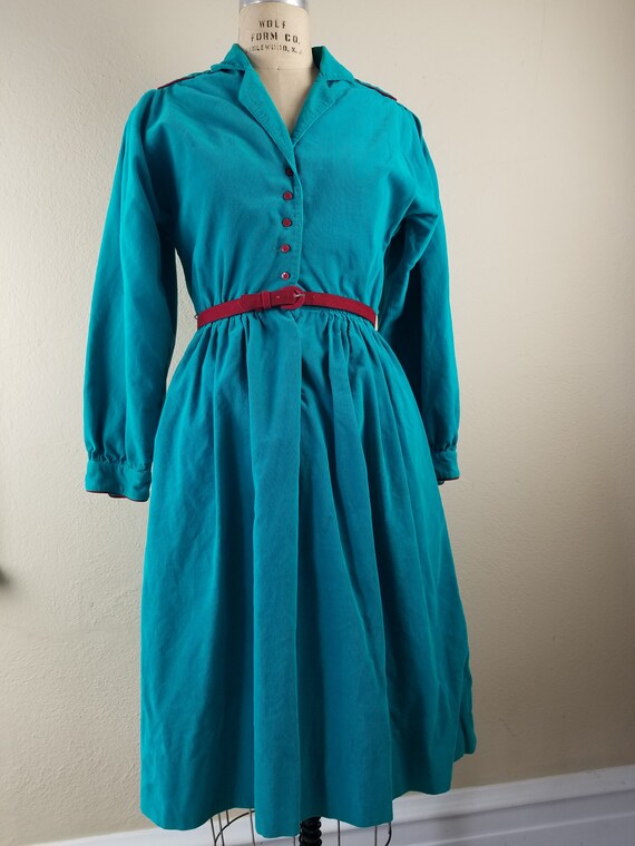 70s teal corduroy dress size 8, Kate Kathryn Cono… - image 2