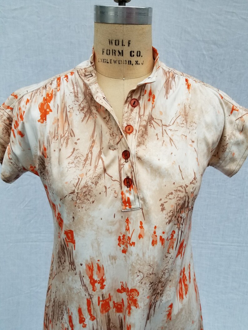 floral handmade 38 mandarin polyester Vintage 70s dress asian style