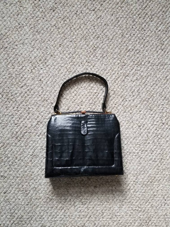 40s alligator handbag, black, top handle, purse