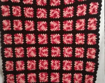 Vintage granny square quilt, handmade afghan blanket throw 40x52