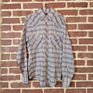 80s mens western style shirt, pearl snaps, Ranchaire, 15x34, medium, blue plaid, western style, cowboy shirt, thin cotton and poly blend