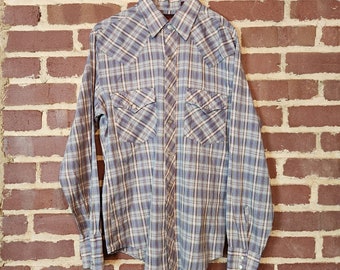 80s mens western style shirt, pearl snaps, Ranchaire, 15x34, medium, blue plaid, western style, cowboy shirt, thin cotton and poly blend