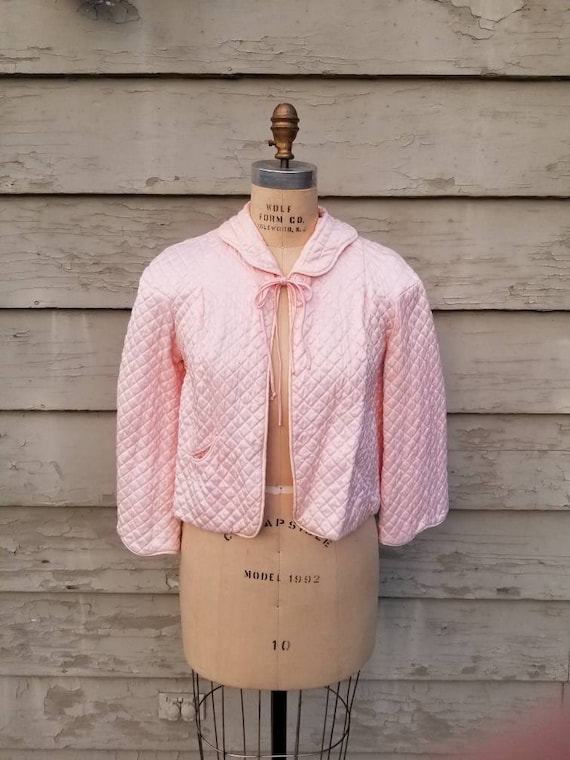 40s-50s bed jacket, quilted pink satin, Barbizon,