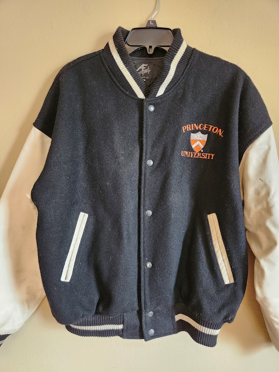 PRINCETON Varsity Jacket, Large, Black Wool and White Leather