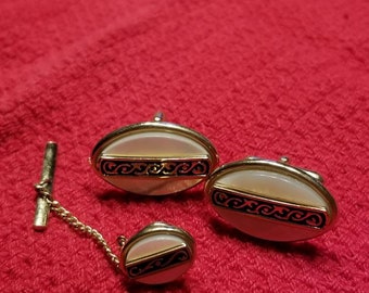 Vintage mother of pearl cufflinks and tie tac set, gold tone, SWANK