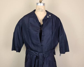 50s dress suit, XL, navy satin, gorgeous!