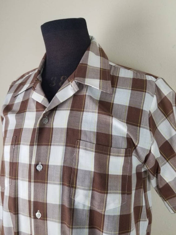 50s shirt, mens large, brown plaid, cotton poly, … - image 4