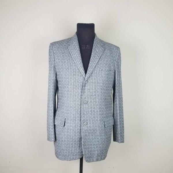 40s 50s sportcoat, mens 42L jacket, light blue gray tweed, wool blazer, 44