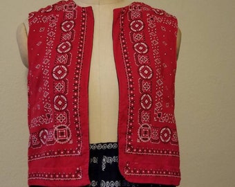 2 PC  bandanna vintage handmade suit, vest and long skirt, reversible blue red vest, 36