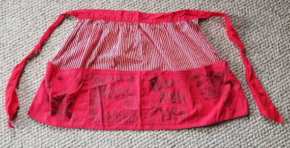 Vintage apron, Merry Christmas, Happy New Year red cotton