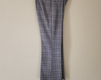 70s pants, polyester double knit, size 12, gray blue plaid