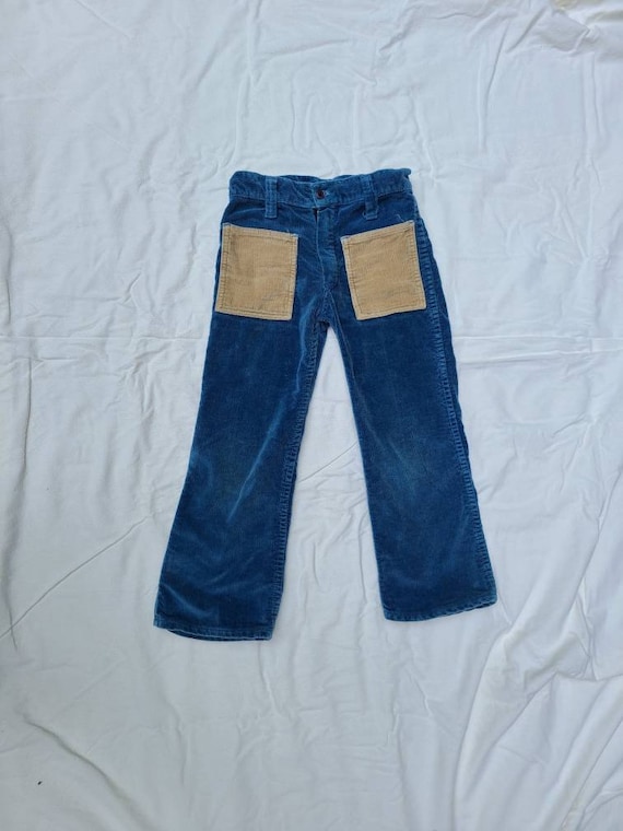 70s kids 6 pants, blue corduroy with tan pockets, 