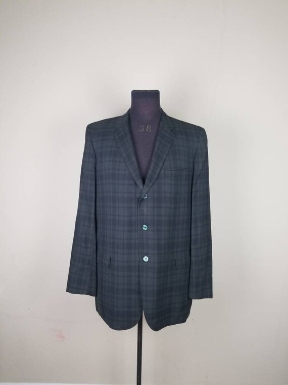 50s plaid sportcoat, mens blazer, navy green plai… - image 1