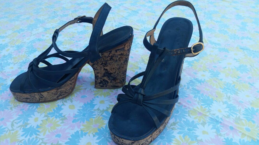 Size 7 Vintage 60s 70s Cork Navy Blue Sandals Wedges Heels - Etsy