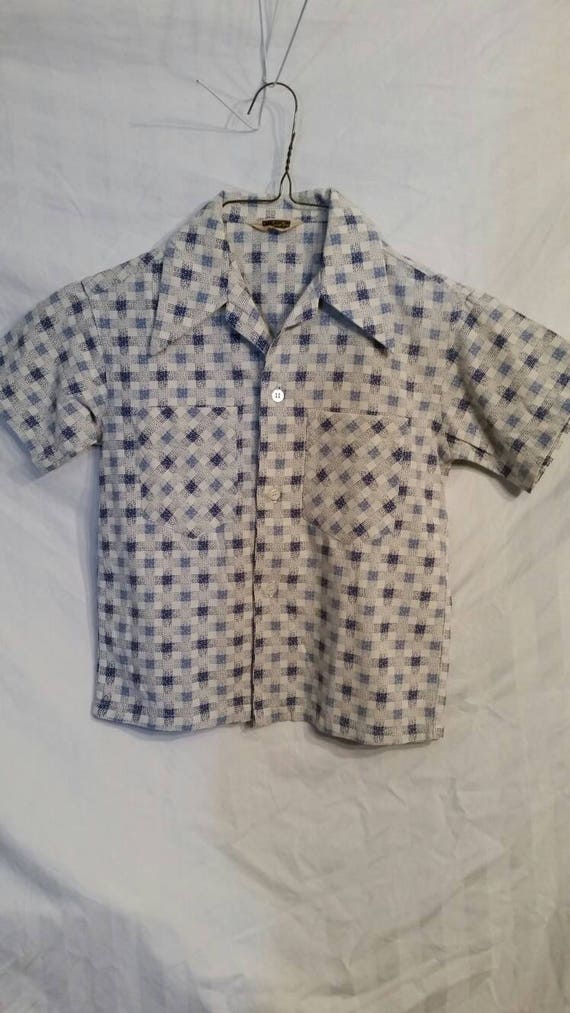 40s vintage boys blue plaid shirt, size 10, neck … - image 1